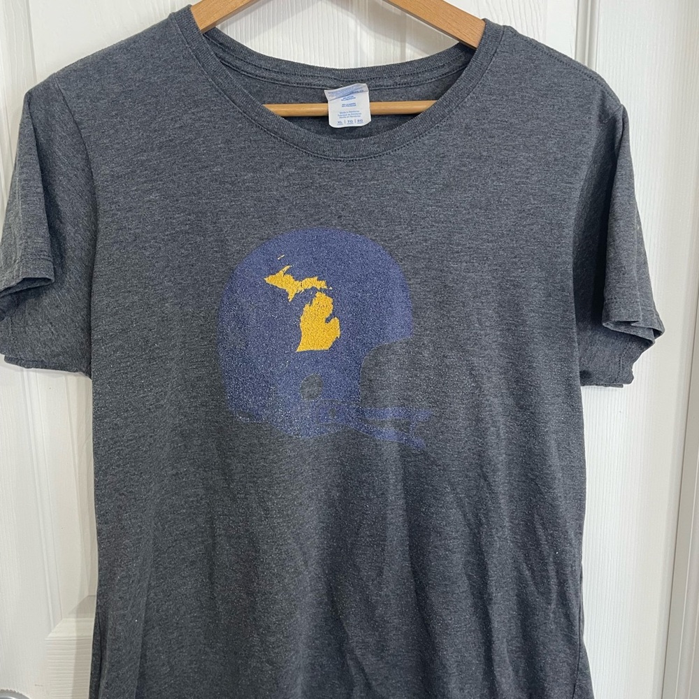 Port and Company U of M Gray Tee with Blue and Yellow Graphic
